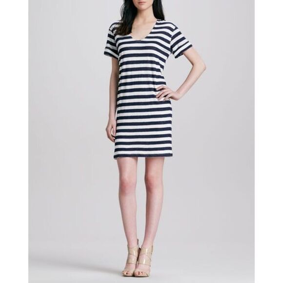 THEORY Navy & White Striped Small Nautical Karelo Soft Linen Petite Shirt Dress - Picture 15 of 16